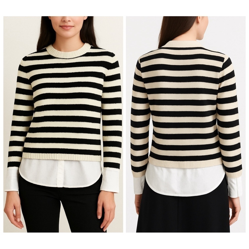 Brochure Walker Eton Layered Crew Looker Sweater Black Cream Stripes Size M Wool